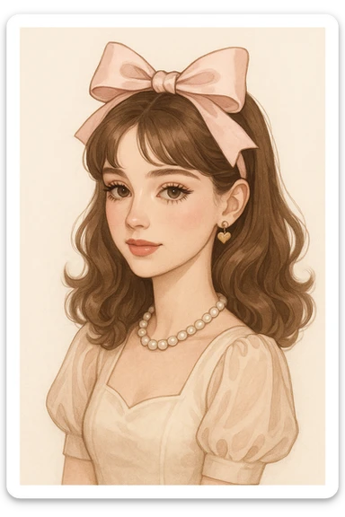 mujer coquette, estilo moderno, maquillaje suave, lazo en el cabello, fondo claro sticker