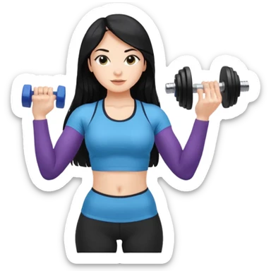 Long black hair girl with gym aesthetic, leggings with fitted shirt, with water bottle and dumble  sticker