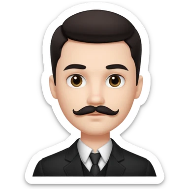 pretty handsome bratz man, has a s black mustache with black black black eyes,  short dark hair, pale skin, defined jawline sticker