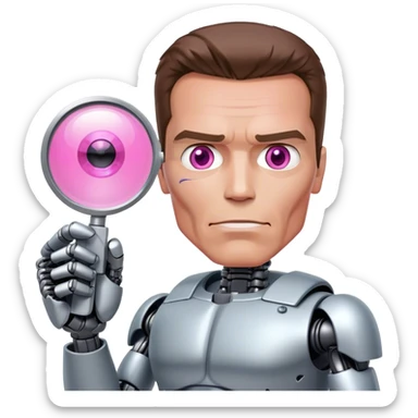 friendly looking schwarzenegger-looking half robotic half human pink terminator holding magnifying glass, upper body sticker
