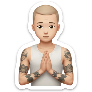 A 20 year old white man with a buzz cut and tattoos all over his arms and chest. Pleading face with hands praying wearing a white tanktop sticker