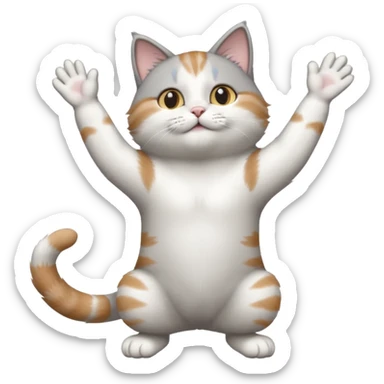 grey and white cat doing a big long stretch reaching up into the airwith arms together sticker