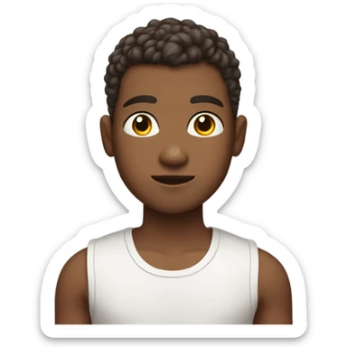 Boy with shaved hair on the sides and curly hair on top, dark brown eyes, wearing tank top sticker