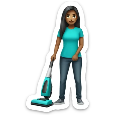 woman cleaner with light skin, long dark straight hair, she wea turquoise color t-shirt. She working with vacuum cleaners sticker