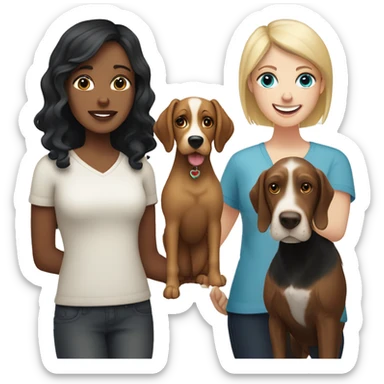 two woman, one with blonde hair & blue eyes, the other with black short hair and brown eyes, hugging a springer spaniel and a yorker terrier  sticker