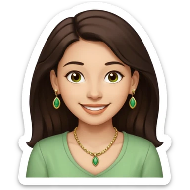 young woman emoji with dark brown hair, brown eyes, nose piercing, smiling widely, wearing green and cream blouse and gold necklace, conveying happiness and relaxation sticker