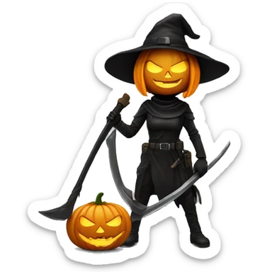 Human female pumpkin hunter with a scythe, glowing pumpkin eyes inside a black helmet, Halloween theme, emoji sticker