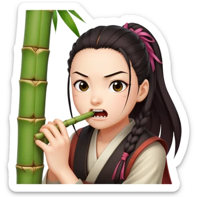 Nezuko with determined expression actively biting on bamboo piece in her mouth, teeth gripping the bamboo sticker
