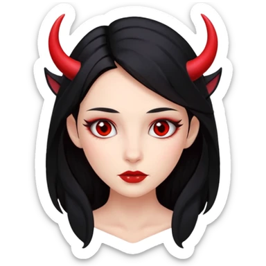 A girl's face with cheekbones, red skin, long black hair, small red horns, and red eyes. sticker