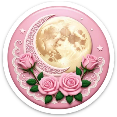 A round pink button with light cream damask lace, a full moon and stars and pink roses sticker