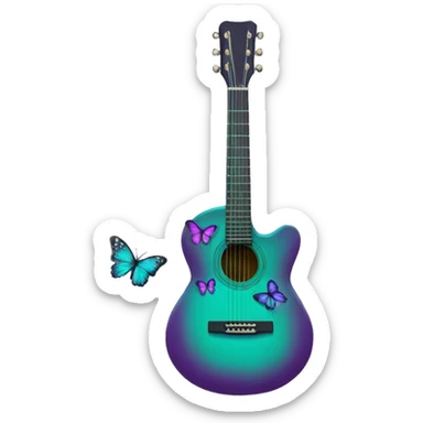 Green acoustic guitar covered in purple and teal butterflies  sticker