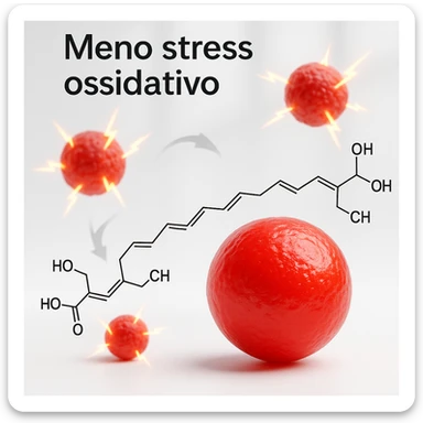 hyper realistic red astaxanthin molecule reducing oxidative stress, neutralizing free radicals, clinical atmosphere, white background, text 'Meno stress ossidativo' sticker