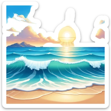 A beautiful seascape with waves in warm tones under a bright sun, with the azure sea occupying the foreground. The sunlight reflects off the water, creating a vibrant, peaceful atmosphere. The background features a stunning sky with soft clouds and a distant horizon. sticker