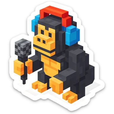 gorilla with headphones holding a microphone, isometric view, voxel style sticker