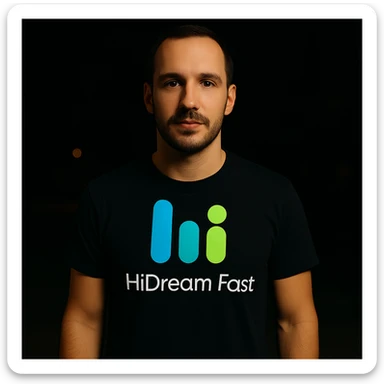 man wearing tshirt with this logo, dark night background with dim , add fast below logo, make man fit into image, add fast insead pf the dev keep rest same sticker