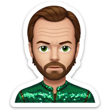Hugo Weaving with brown hair, dark green sequin outfit sticker