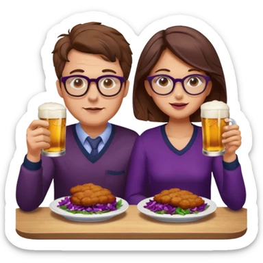 German man with glasses and brown hair and woman with glasses and brown hair eating schnitzel, red cabbage, potatoes, and drinking a beer sticker