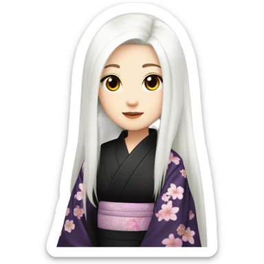 Beautiful japanese girl with long straight white hair and dark violet eyes, pale skin. Wearing a black kimono with pretty flowers sticker