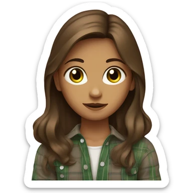 A girl with green eyes and loose brown hair is covered with a plaid sticker