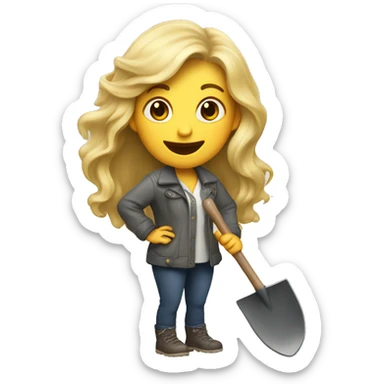 White woman with long hair and nice clothes holding a shovel and sneaky laughing sticker