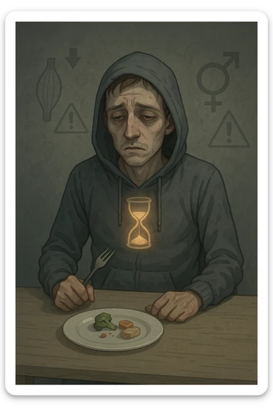 Undereating man in his 30s sitting at a table with a very small meal, looking fatigued and cold, wearing a hoodie indoors. His body appears skinny but soft, lacking muscle tone. Pale complexion, tired eyes, posture slouched. A faint hourglass inside his body glows dimly, symbolizing slowed metabolism. In the background, warning signs or ghostly outlines of potential health risks like muscle loss and hormonal imbalance. Mood: somber, undernourished, risky behavior. sticker