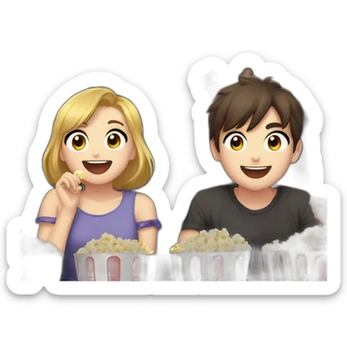 two anime girls 1 anime boy, watching movie at the cinema eating popcorn, dark background sticker