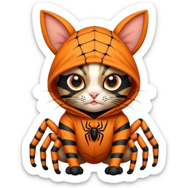 Tabby cat wearing a spider costume with big bulgy eyes with ears covered sticker