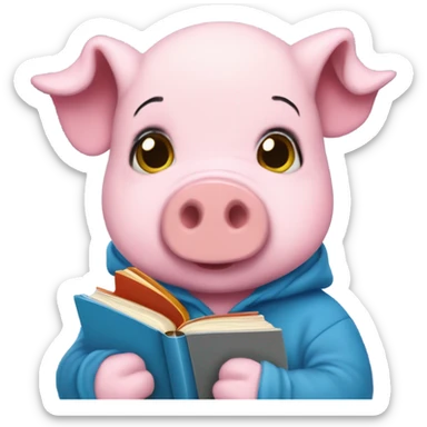 Cute pig beanie baby wearing a blue hoodie with books on it, reading a book called Little Women sticker