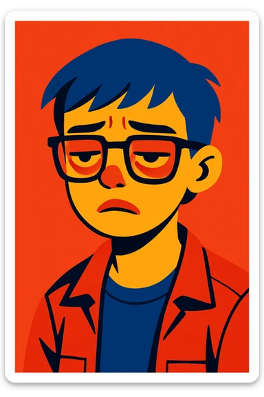 short-haired girl with a boyish style, tired face, wearing glasses, modern illustration style sticker