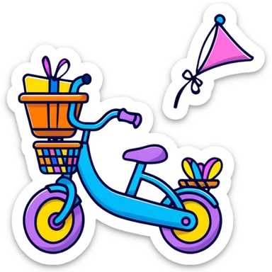 small kids bike in soft pastel pink with a basket and streamers sticker