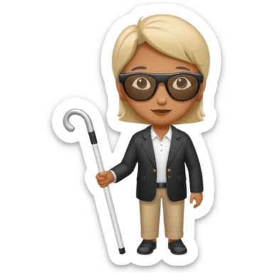 A blind person wearing sunglasses and holding a guide cane sticker