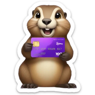 a marmot holding a purple credit card with spendesk written on it sticker