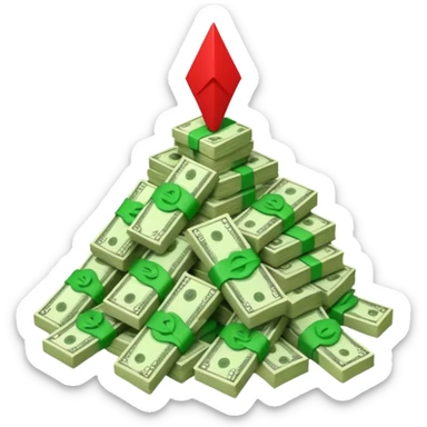 a pile of money with red arrow up sticker