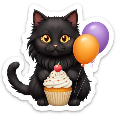 Orange eyes Long haired black cat fluffy with cupcake balloons sticker