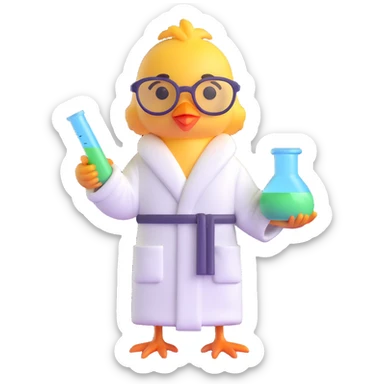 Add scientist glasses to the chick in a bathrobe holding chemistry items, keep 3D style, no background. sticker