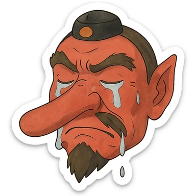 ghibli style tengu face with red skin and long nose, tears streaming down, no background, just the face sticker