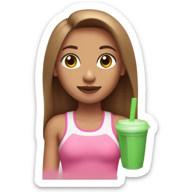 a girl with brown long straightened hair and with Green eyes with pink leggings and pink sports top with a protein shake in her hand sticker