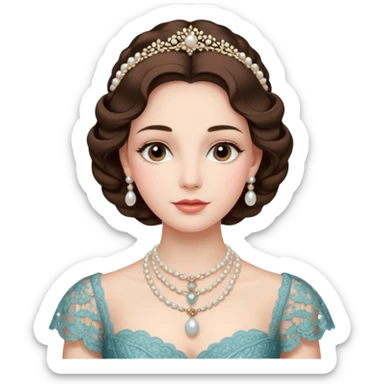 An emoji portrait of an Italian noblewoman. She wears a lavish gown with intricate lace details and a pearl necklace. Her expression is serene and elegant. sticker