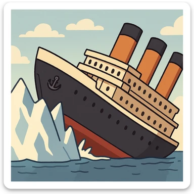 cartoon Titanic hitting iceberg and tilting, minimal details, looping animation sticker