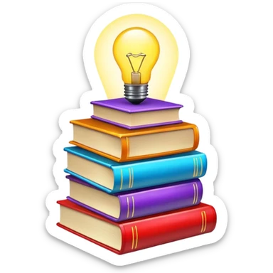 stack of books with a glowing idea symbol sticker
