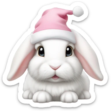 White mini lop rabbit in a light pink Santa hat sticker