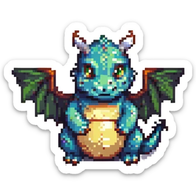 pixel art chubby dragon with very small wings, playful pose sticker