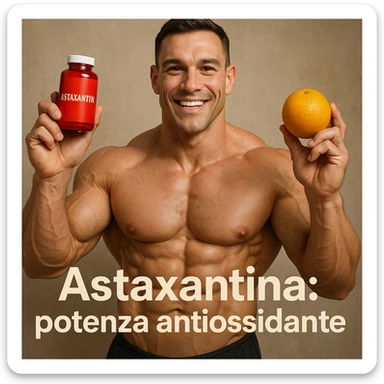 hyper realistic bodybuilder smiling showing astaxanthin and vitamin C, sculpted muscles, red bottle and orange, text 'Astaxantina: potenza antiossidante', positive atmosphere sticker