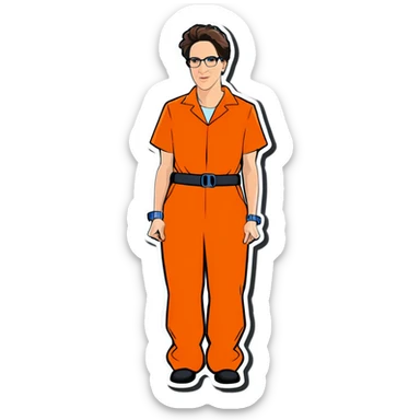 Rachel maddow in handcuffs  behind her back with an orange jumpsuit sticker