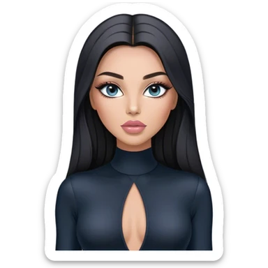 Glamours, tanned, very beautiful girl, with big pump peach-beige-rose lips, long long lashes, black straight smooth silky long hair, straight parting hair, blue-grey eyes in black long-sleeves bodysuit sticker