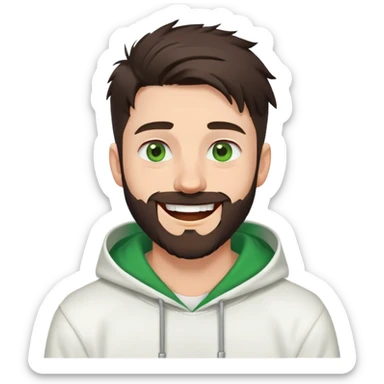 laughing guy with white hoodie, white t-shirt underneath, green eyes, dark brown undercut hairstyle and a short full beard sticker
