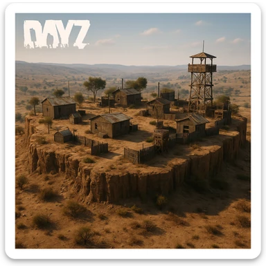 A small hilltop mesa city in the videogame dayz, screenshoot  sticker