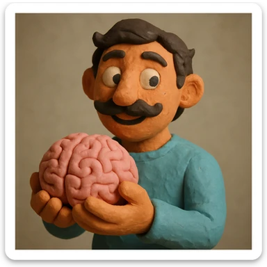 a dark-haired man with a mustache holding a brain, claymation style, whimsical expression, visible fingerprints sticker