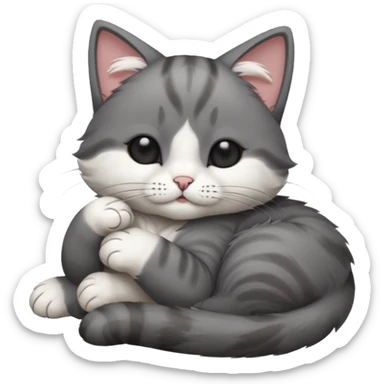 dark grey and white small cat with its eyes closed lying down leaning on its elbow with its paw curled under its head holding it up sticker