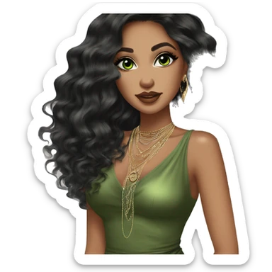 Glamorous, streetwear or cocktail dress, black balayage hair, long wavy hair, olive skin, green almond eyes, winged eyeliner with big lashes, wearing hooped earrings, rings and bracelets  sticker